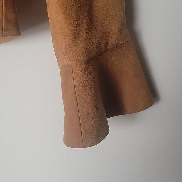 NEW INC Suede P 0 Leather Brown Tan Camel Ruffle Blazer Fitted Boho Jacket Bell - Picture 3 of 16